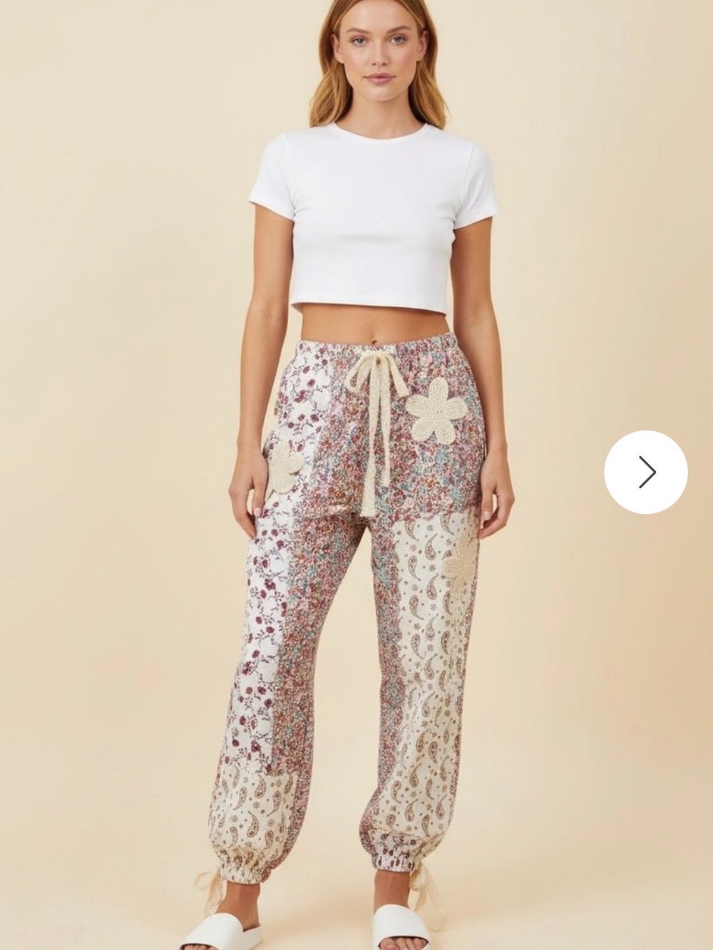 Heimish Boutique Floral Patchwork Drawstring Jogger Pants - White/Multi 2XL